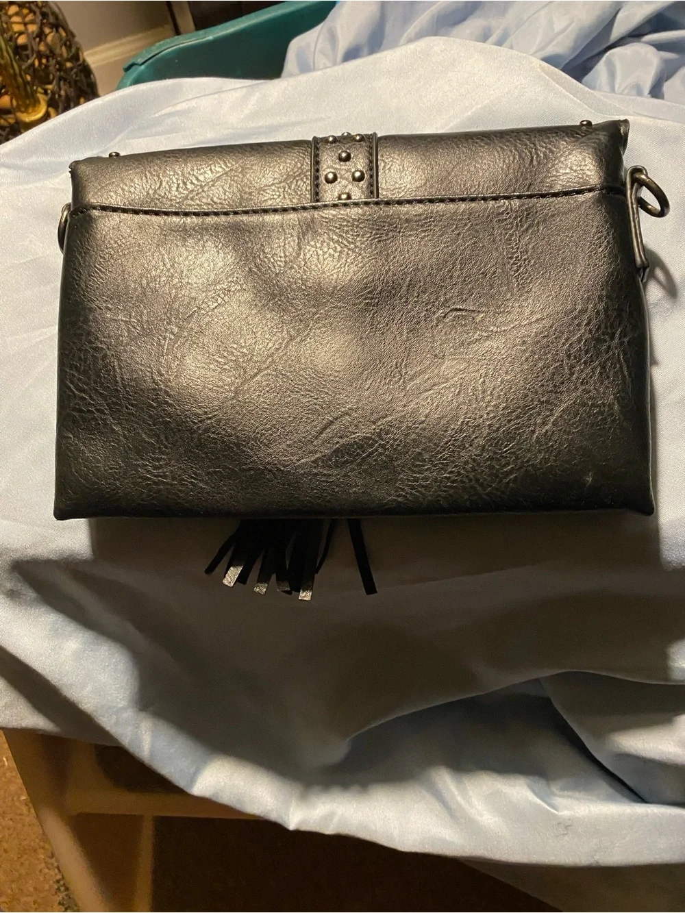 Black faux-leather crossbody clutch